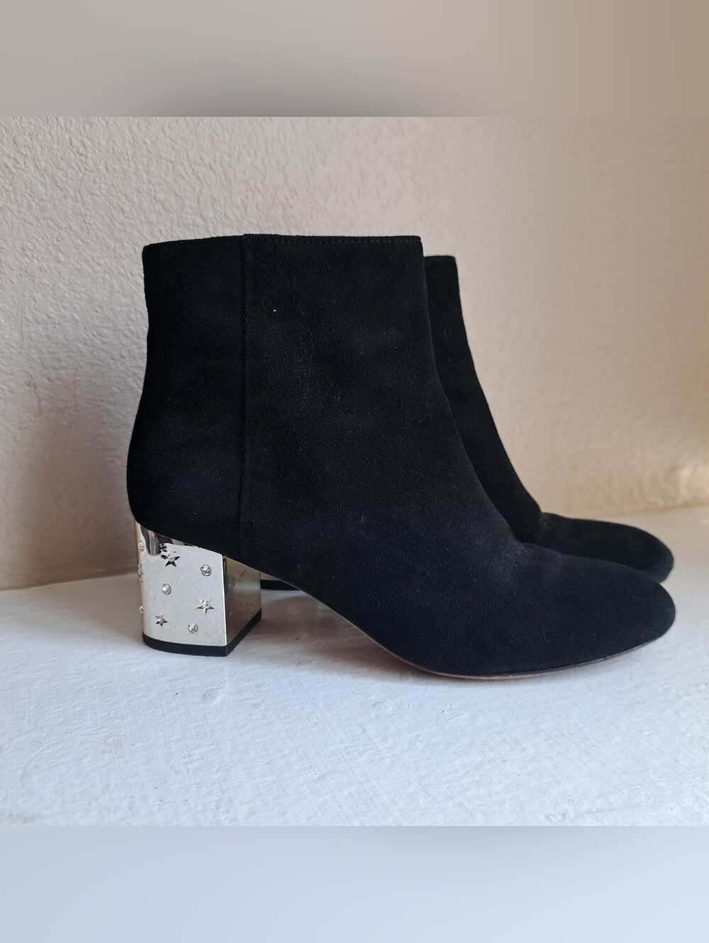 Classic Black Suede Ankle Boots with Silver Embellished Heel